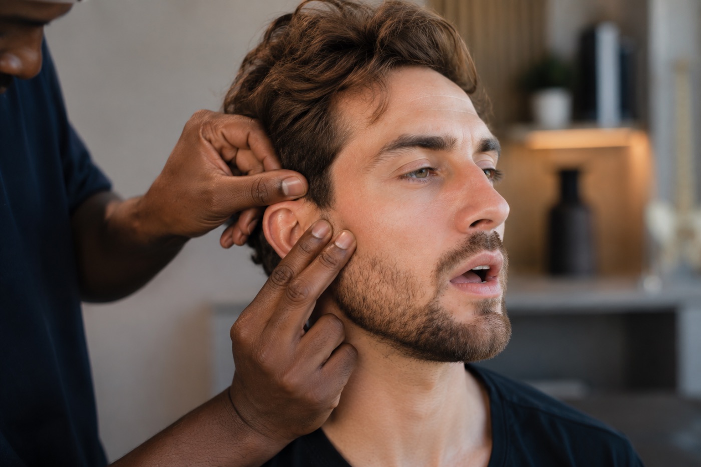 Kinésithérapeute palpant l'articulation temporo-mandibulaire devant l'oreille d'un patient, bouche entrouverte