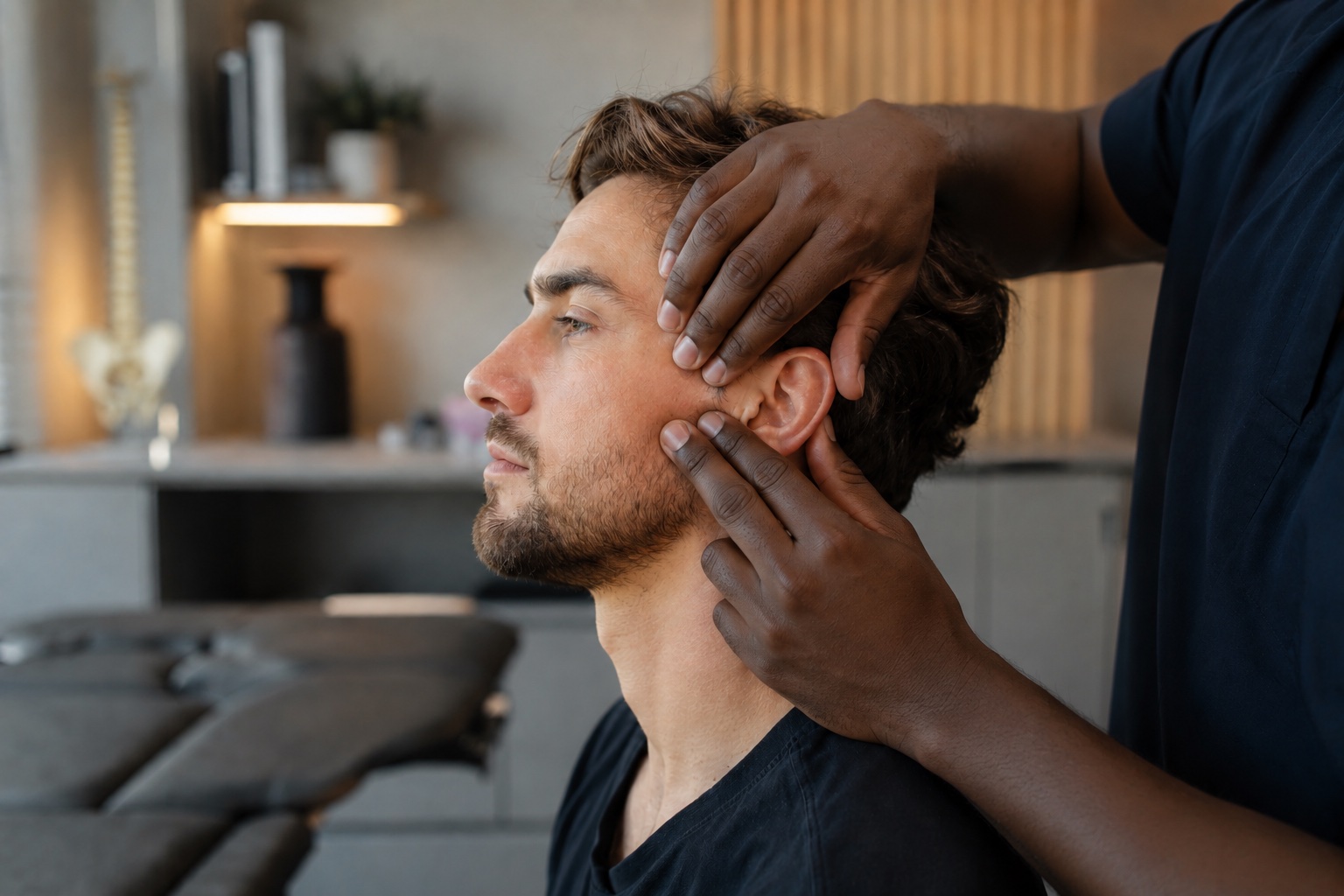 Palpation de l'articulation temporo-mandibulaire devant l'oreille d'un patient, lors d'un bilan de kinésithérapie maxillo-faciale