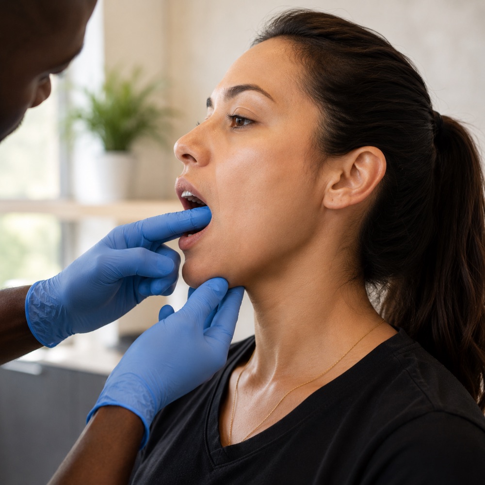 Examen intra-buccal de l'articulation temporo-mandibulaire chez une patiente bruxeuse, kinésithérapie maxillo-faciale à Bruxelles