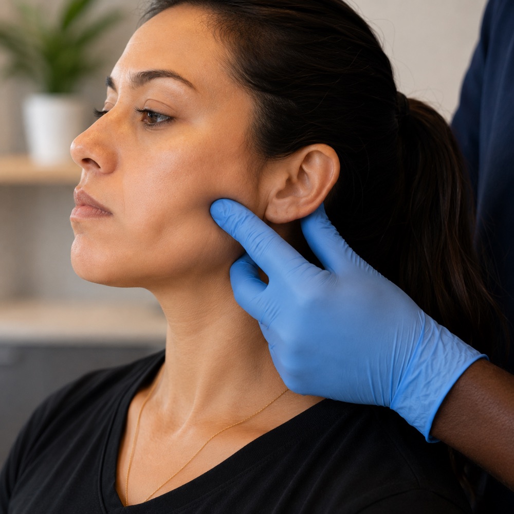 Palpation du muscle masséter chez une patiente souffrant de bruxisme, cabinet de kinésithérapie maxillo-faciale à Bruxelles