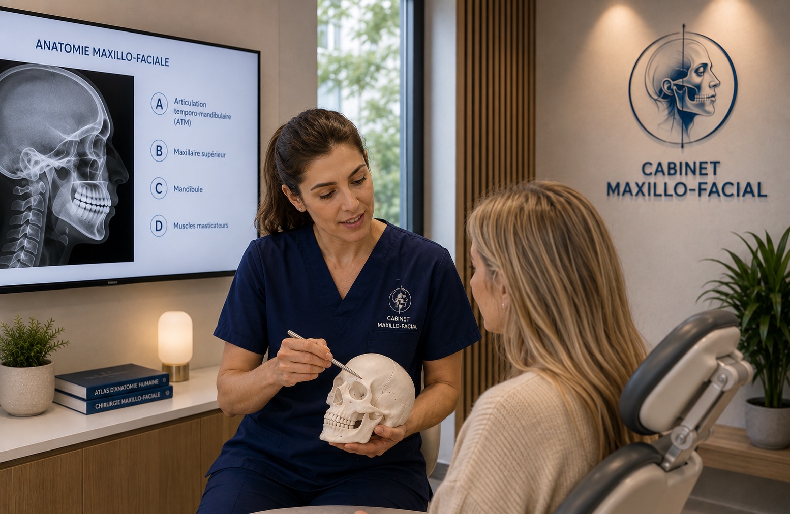 Explication de l'anatomie de la mâchoire sur un crâne à une patiente avant une chirurgie maxillo-faciale