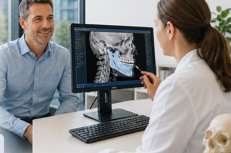 Consultation at the practice: reviewing jaw imaging with a patient